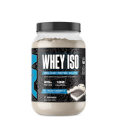 A container of ABE ISO Whey Protein Isolate with a label showing 'WHEY ISO' and the flavor 'ICE CREAM SANDWICH'. The container is white with black and blue text and design elements.