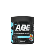 Container of ABE Ultimate Pre-Workout supplement with a graphic of a person working out on the front, and the flavor 'Baddy Berry' indicated.