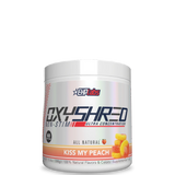 Container of OxyShred Non-Stim fat burner with strawberry flavor, predominantly white with red and grey text, and an image of a strawberry at the bottom.