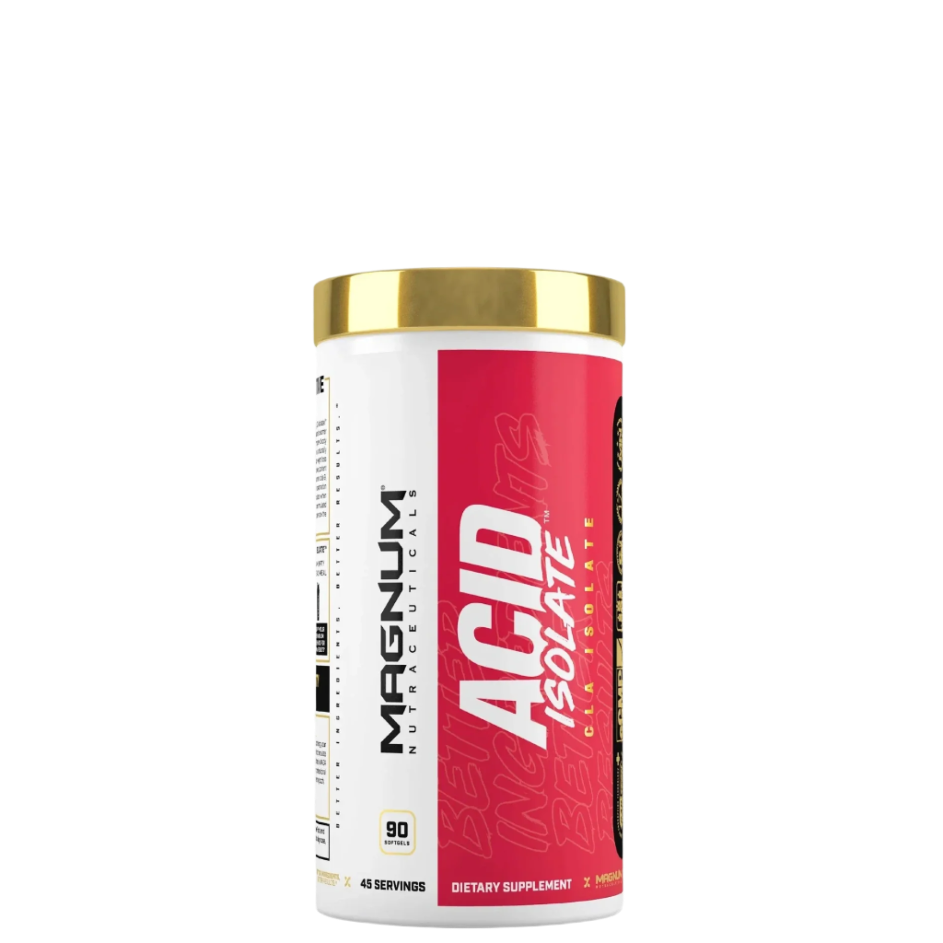 A container of Magnum Acid Isolate dietary supplement, primarily white with red and gold accents, labeled for weight loss and fat burning.