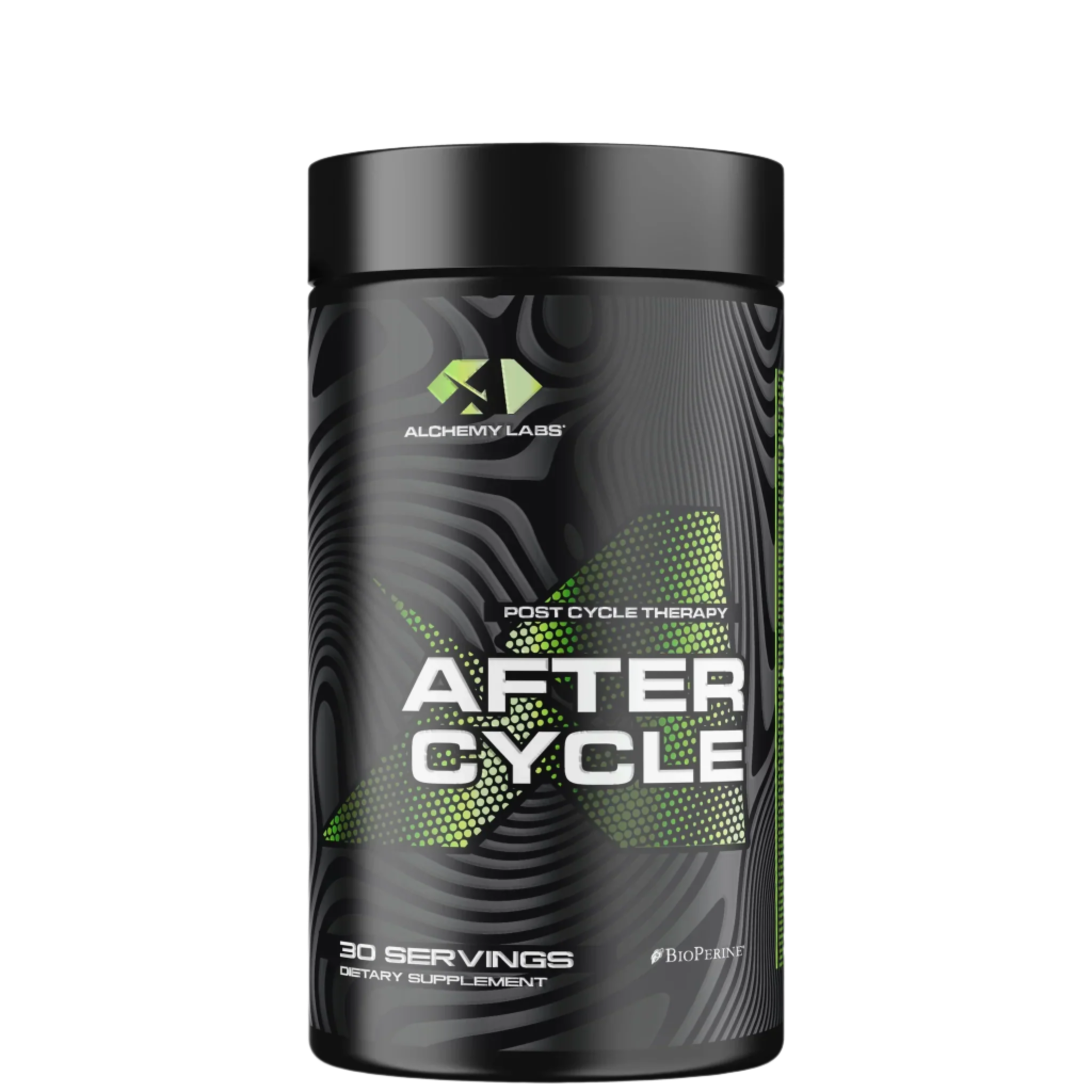 A black container of AFTER CYCLE supplement with green and white text and design elements.