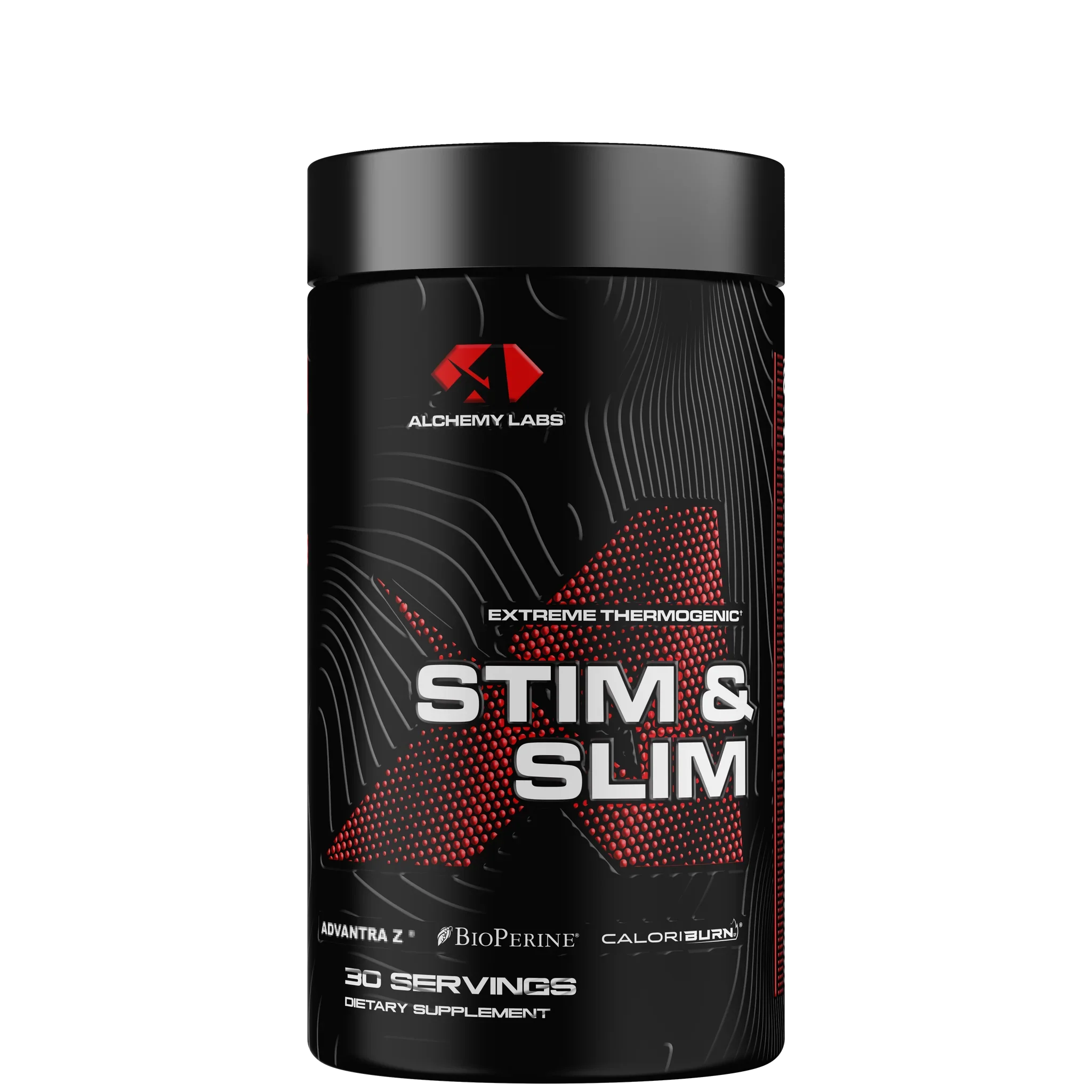 A container of STIM & SLIM weight loss supplement by Alchemy Labs, with a black and red design featuring text and branding.