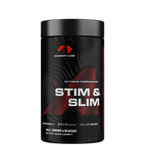 A container of STIM & SLIM weight loss supplement by Alchemy Labs, with a black and red design featuring text and branding.
