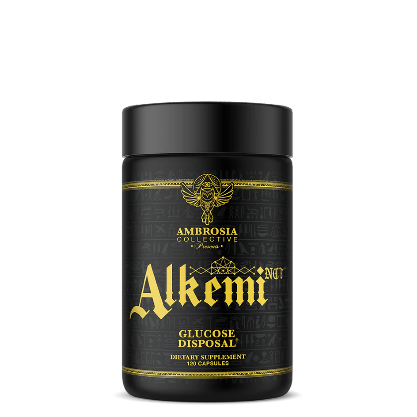 A black container of Alkemi Glucose Disposal, a dietary supplement, with gold and yellow text and logo.