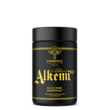 A black container of Alkemi Glucose Disposal, a dietary supplement, with gold and yellow text and logo.