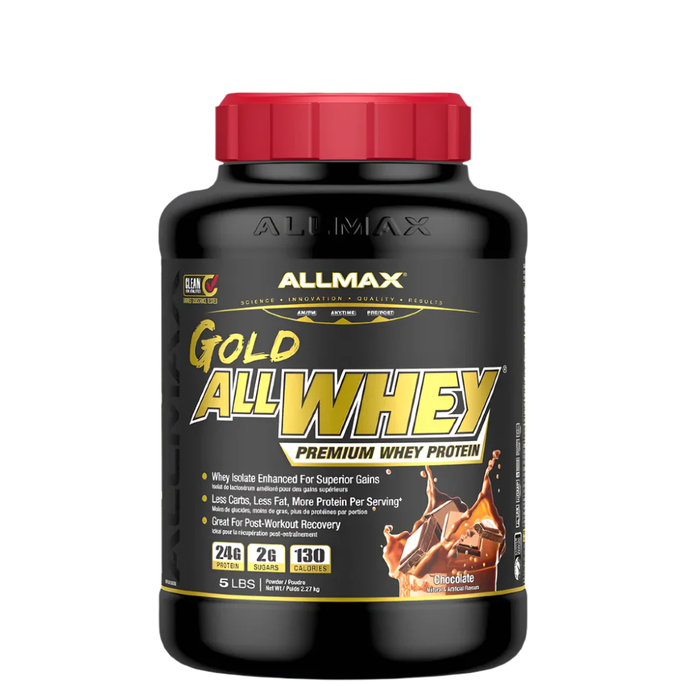 A container of ALLMAX Gold AllWhey premium whey protein powder with a red cap and a label showing the product name and flavors such as Chocolate, Cookies & Cream, and Strawberry.