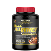 A container of ALLMAX Gold AllWhey premium whey protein powder with a red cap and a label showing the product name and flavors such as Chocolate, Cookies & Cream, and Strawberry.