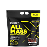 A package of AllMax Sport AllMass Advanced Muscle Gainer in black and yellow packaging, indicating 80g of protein and various product features.