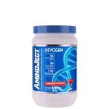 A container of Evogen Nutrition AminoJect BCAA supplement with blue raspberry flavor, featuring a blue and white color scheme with branding and product information.