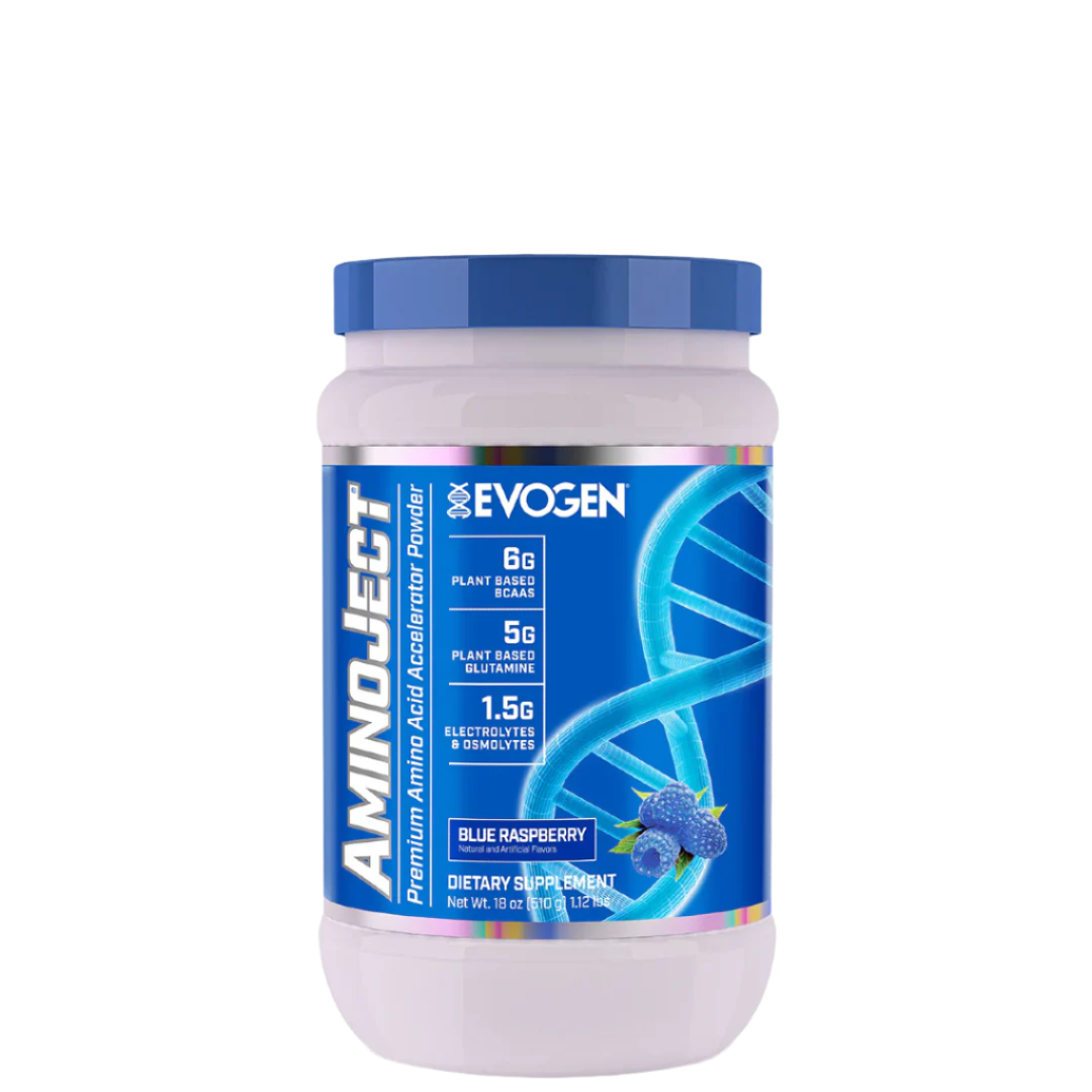 A container of Evogen Nutrition AminoJect BCAA supplement with blue raspberry flavor, featuring a blue and white color scheme with branding and product information.