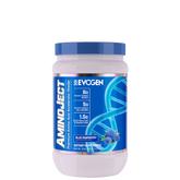 A container of Evogen Nutrition AminoJect BCAA supplement with blue raspberry flavor, featuring a blue and white color scheme with branding and product information.