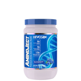 A container of Evogen Nutrition AminoJect BCAA supplement with blue raspberry flavor, featuring a blue and white color scheme with branding and product information.