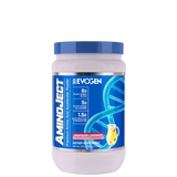 A container of Evogen Nutrition AminoJect BCAA supplement with blue raspberry flavor, featuring a blue and white color scheme with branding and product information.