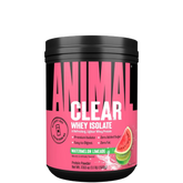 A container of Animal Clear Whey Isolate protein powder in watermelon flavor, with a pink label and image of a watermelon slice.