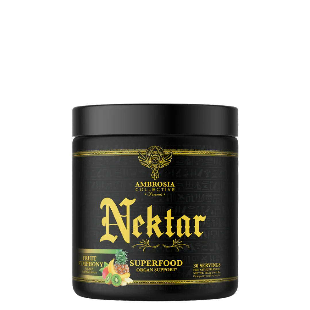 A black container of Ambrosia Nektar superfood supplement with gold and green label design, featuring an image of a green and yellow fruit on the label.