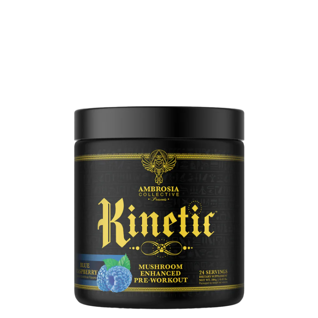 A container of Ambrosia Collective's Kinetic™ Mushroom Enhanced Pre-Workout supplement with a black background featuring gold and blue text and imagery.