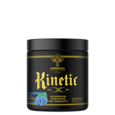 A container of Ambrosia Collective's Kinetic™ Mushroom Enhanced Pre-Workout supplement with a black background featuring gold and blue text and imagery.