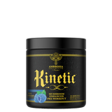 A container of Ambrosia Collective's Kinetic™ Mushroom Enhanced Pre-Workout supplement with a black background featuring gold and blue text and imagery.