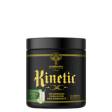 A container of Ambrosia Collective's Kinetic™ Mushroom Enhanced Pre-Workout supplement with a black background featuring gold and blue text and imagery.