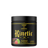 A container of Ambrosia Collective's Kinetic™ Mushroom Enhanced Pre-Workout supplement with a black background featuring gold and blue text and imagery.