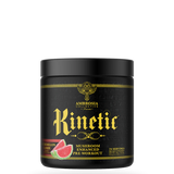 A container of Ambrosia Collective's Kinetic™ Mushroom Enhanced Pre-Workout supplement with a black background featuring gold and blue text and imagery.