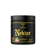 A black container of Ambrosia Nektar superfood supplement with gold and green label design, featuring an image of a green and yellow fruit on the label.
