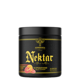 A black container of Ambrosia Nektar superfood supplement with gold and green label design, featuring an image of a green and yellow fruit on the label.