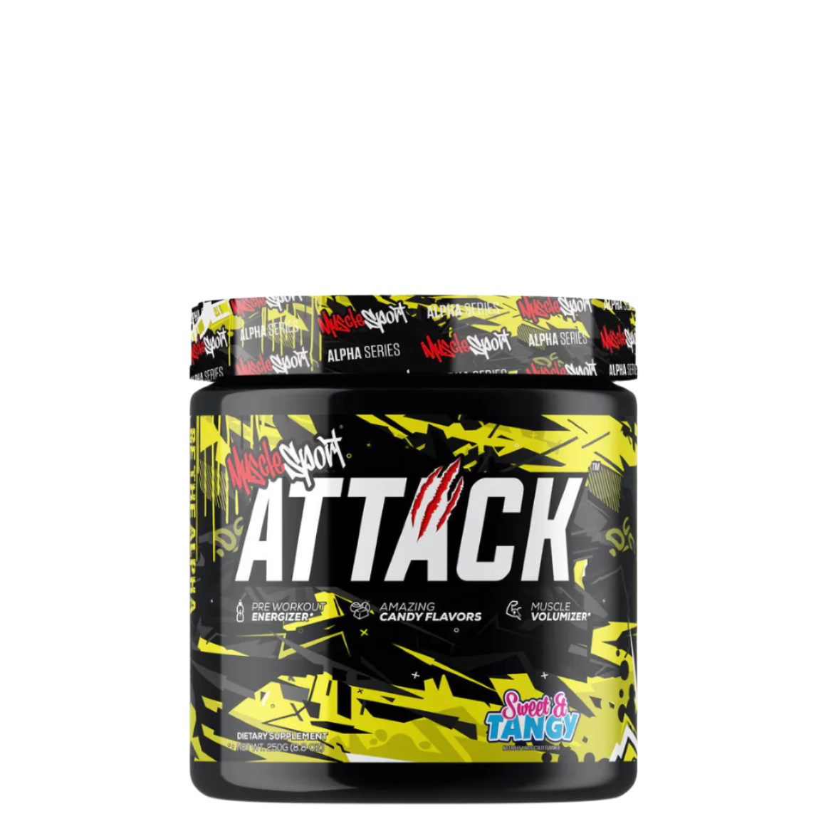 Container of Attack™ Pre-Workout supplement with a yellow and black design and the name 'Attack' written on the front.