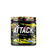 Container of Attack™ Pre-Workout supplement with a yellow and black design and the name 'Attack' written on the front.