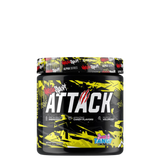 Container of Attack™ Pre-Workout supplement with a yellow and black design and the name 'Attack' written on the front.