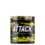 Container of Attack™ Pre-Workout supplement with a yellow and black design and the name 'Attack' written on the front.