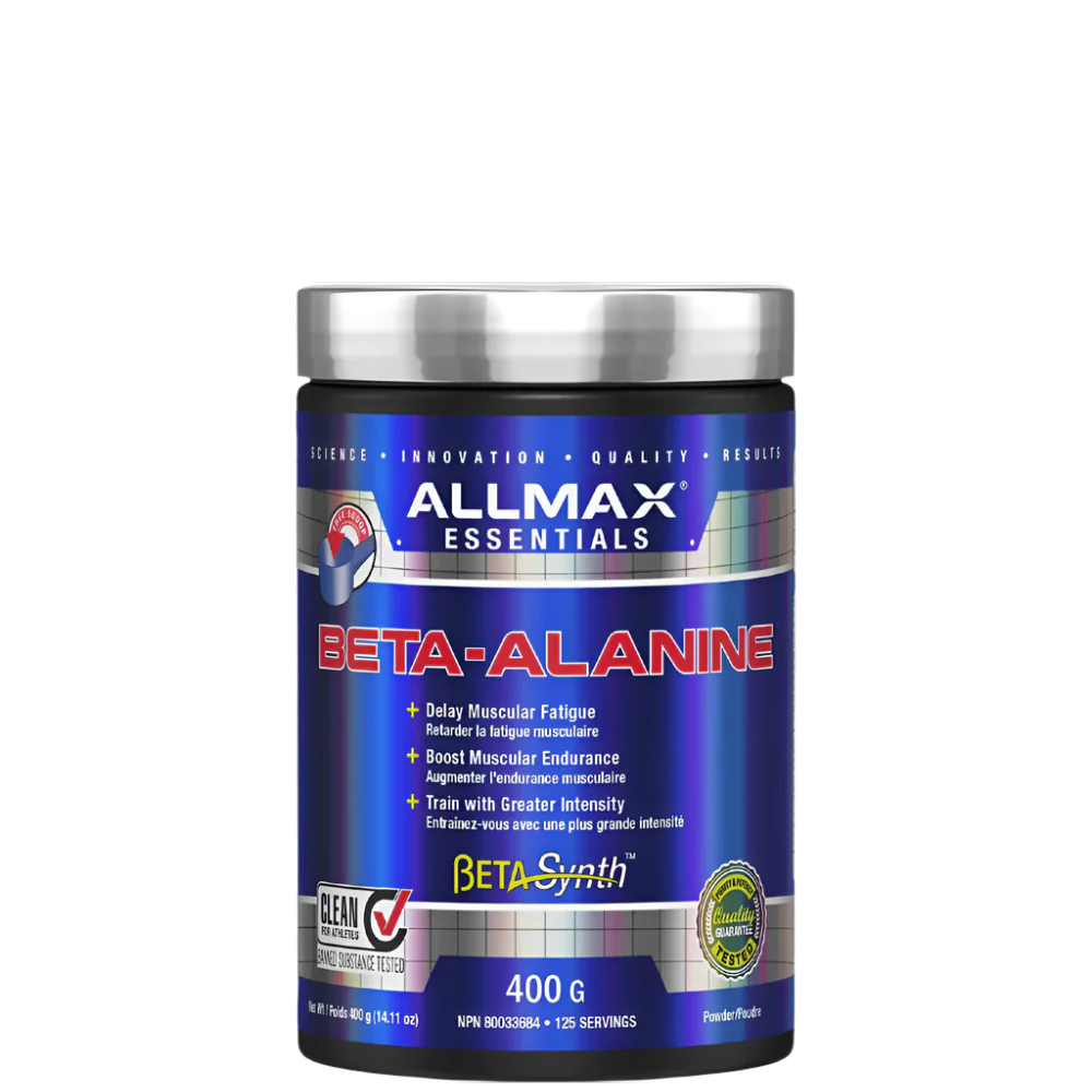 A container of ALLMAX BETA-ALANINE powder, which is a blue and white container with product information and branding.