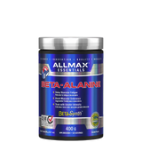 A container of ALLMAX BETA-ALANINE powder, which is a blue and white container with product information and branding.