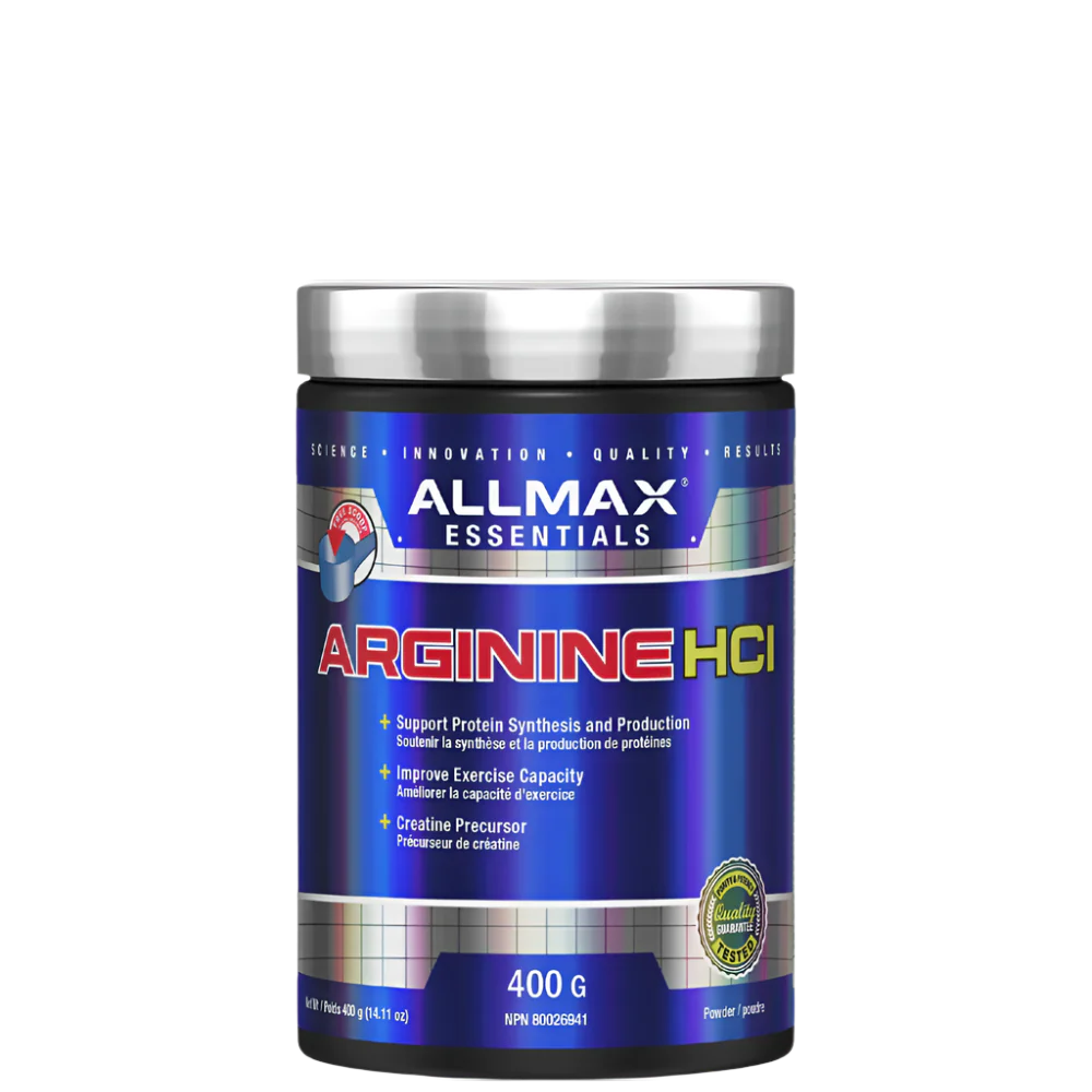 A container of Allmax Nutrition Arginine HCI supplement powder, 400g size, with blue and white label.