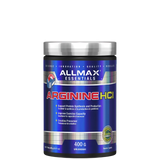 A container of Allmax Nutrition Arginine HCI supplement powder, 400g size, with blue and white label.