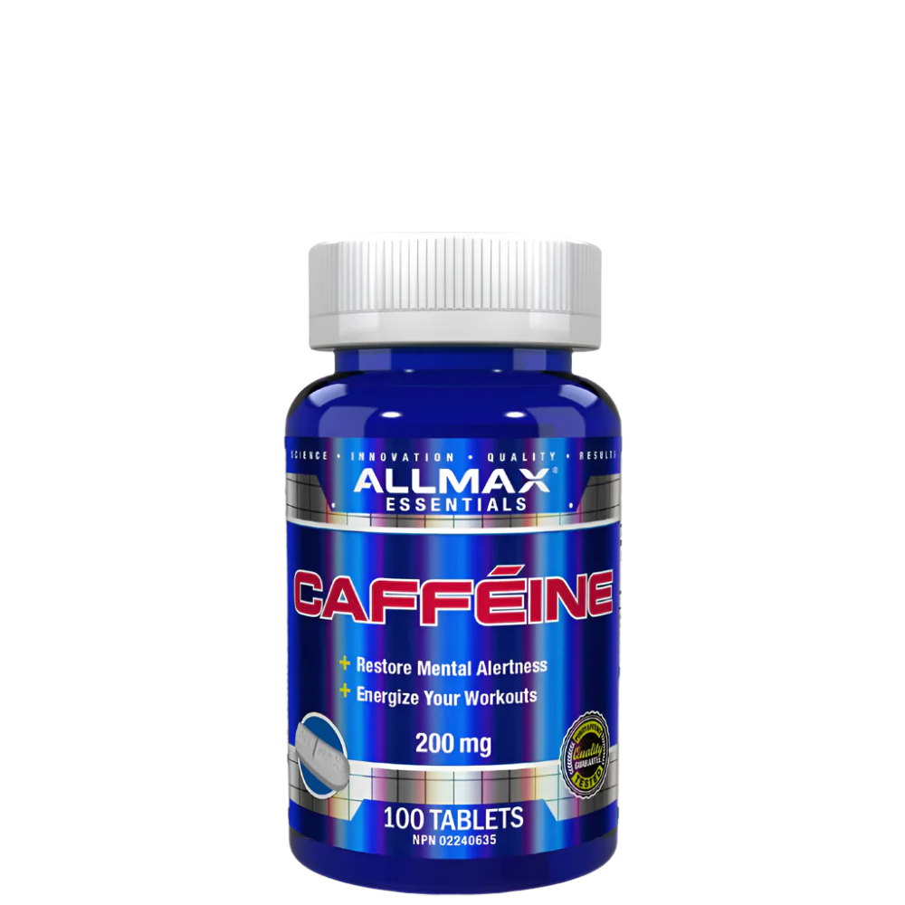 A bottle of Allmax Caffeine supplements with 100 tablets, each tablet containing 200 mg of caffeine.