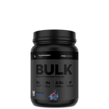 A black container of Transparent Labs Bulk Black pre-workout supplement with a label showing the product name and flavor, along with dietary information and stevia sweetening.