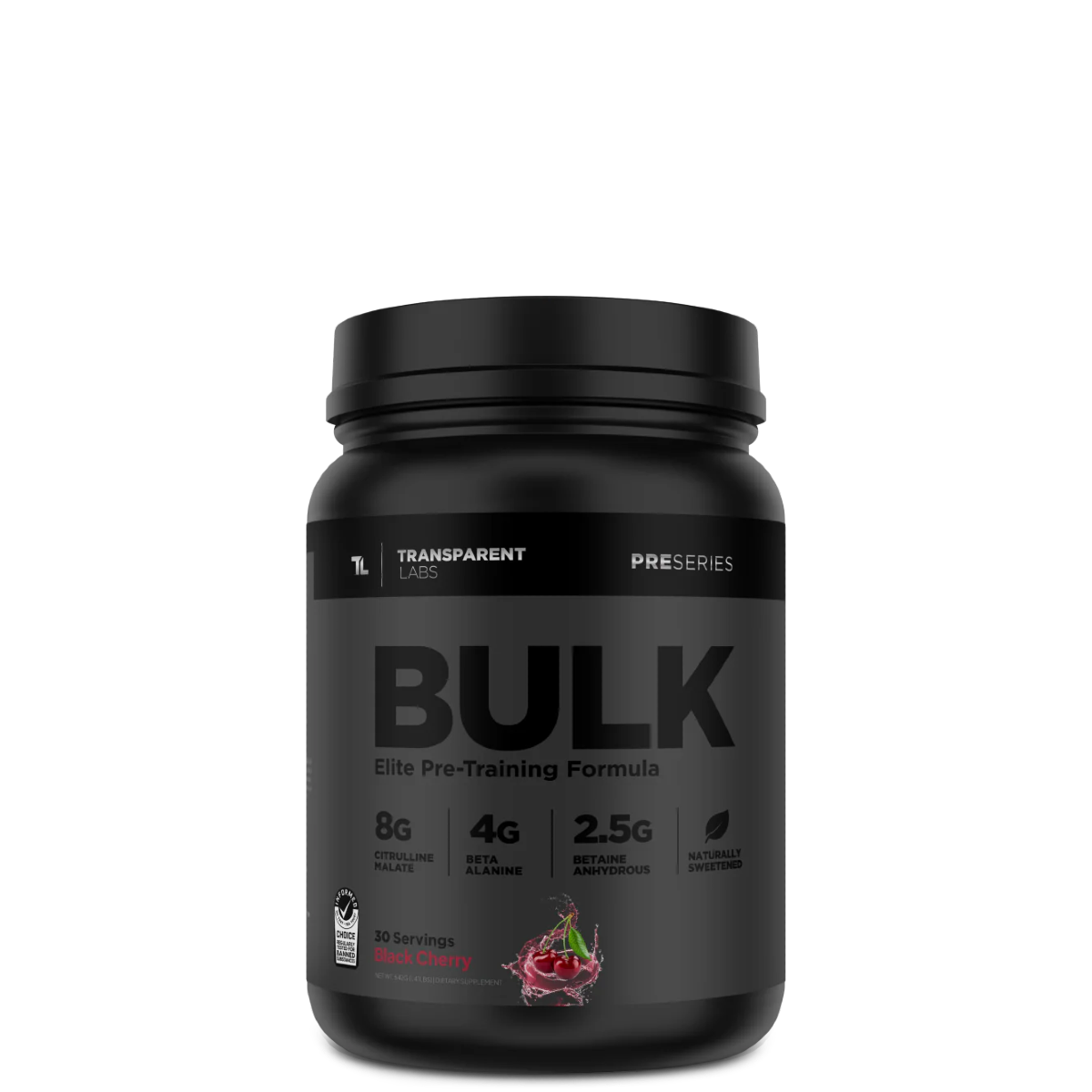 A black container of Transparent Labs Bulk Black pre-workout supplement with a label showing the product name and flavor, Black Cherry, along with dietary information and stevia sweetening.