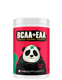 A container of Panda Supps BCAA + EAA + HYDRATION supplement powder with an illustration of a panda on the label.