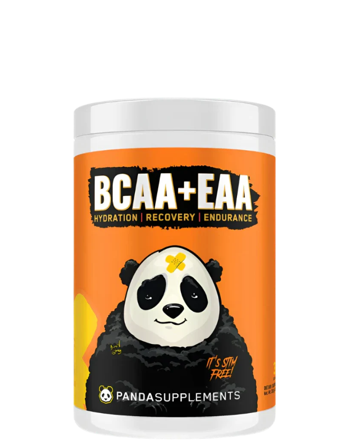 A container of Panda Supps BCAA + EAA + HYDRATION supplement powder with an illustration of a panda on the label.