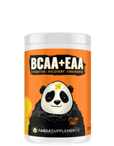 A container of Panda Supps BCAA + EAA + HYDRATION supplement powder with an illustration of a panda on the label.