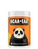 A container of Panda Supps BCAA + EAA + HYDRATION supplement powder with an illustration of a panda on the label.