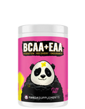 A container of Panda Supps BCAA + EAA + HYDRATION supplement powder with an illustration of a panda on the label.