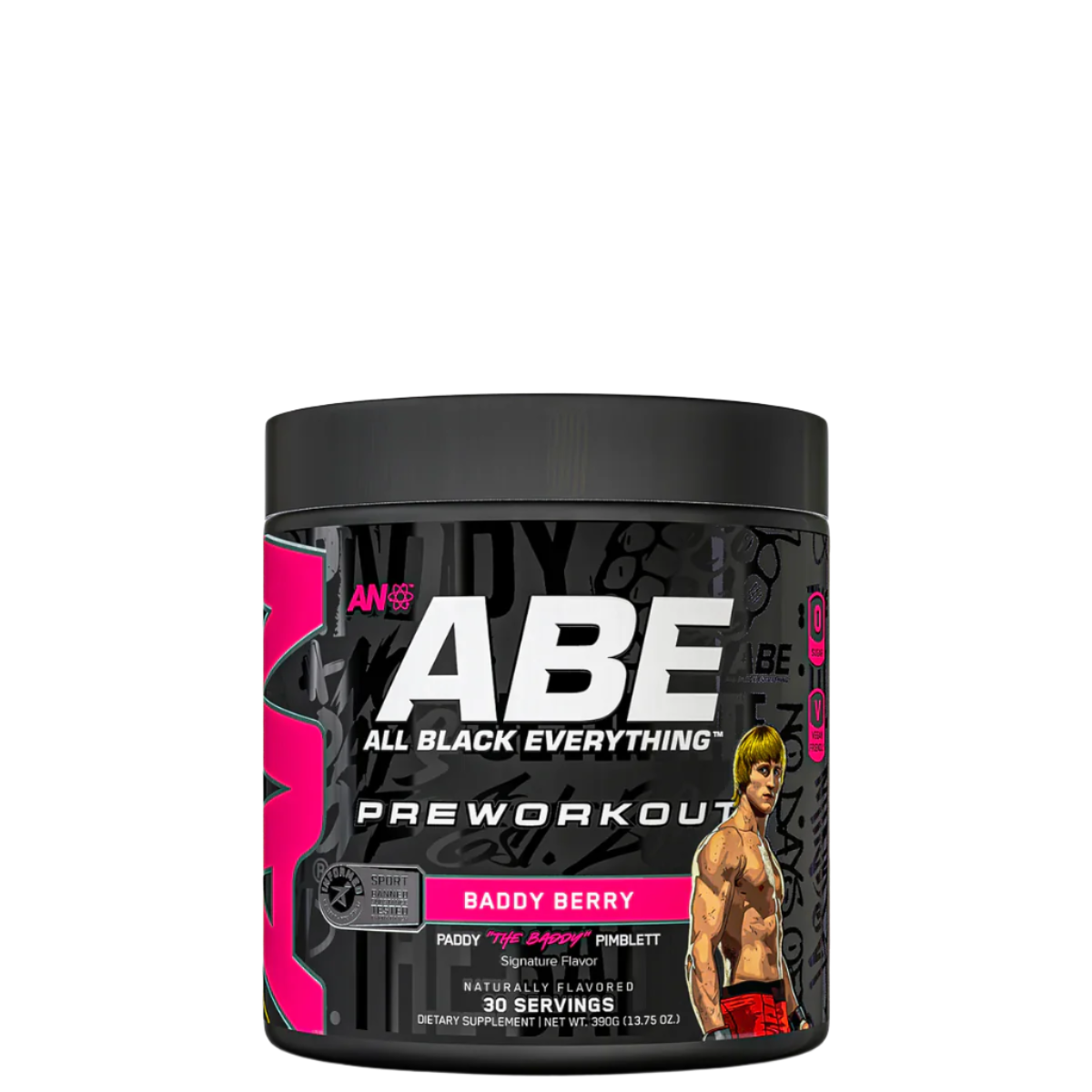 Container of ABE Ultimate Pre-Workout supplement with a graphic of a person working out on the front, and the flavor 'Baddy Berry' indicated.