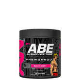 Container of ABE Ultimate Pre-Workout supplement with a graphic of a person working out on the front, and the flavor 'Baddy Berry' indicated.