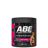 Container of ABE Ultimate Pre-Workout supplement with a graphic of a person working out on the front, and the flavor 'Baddy Berry' indicated.