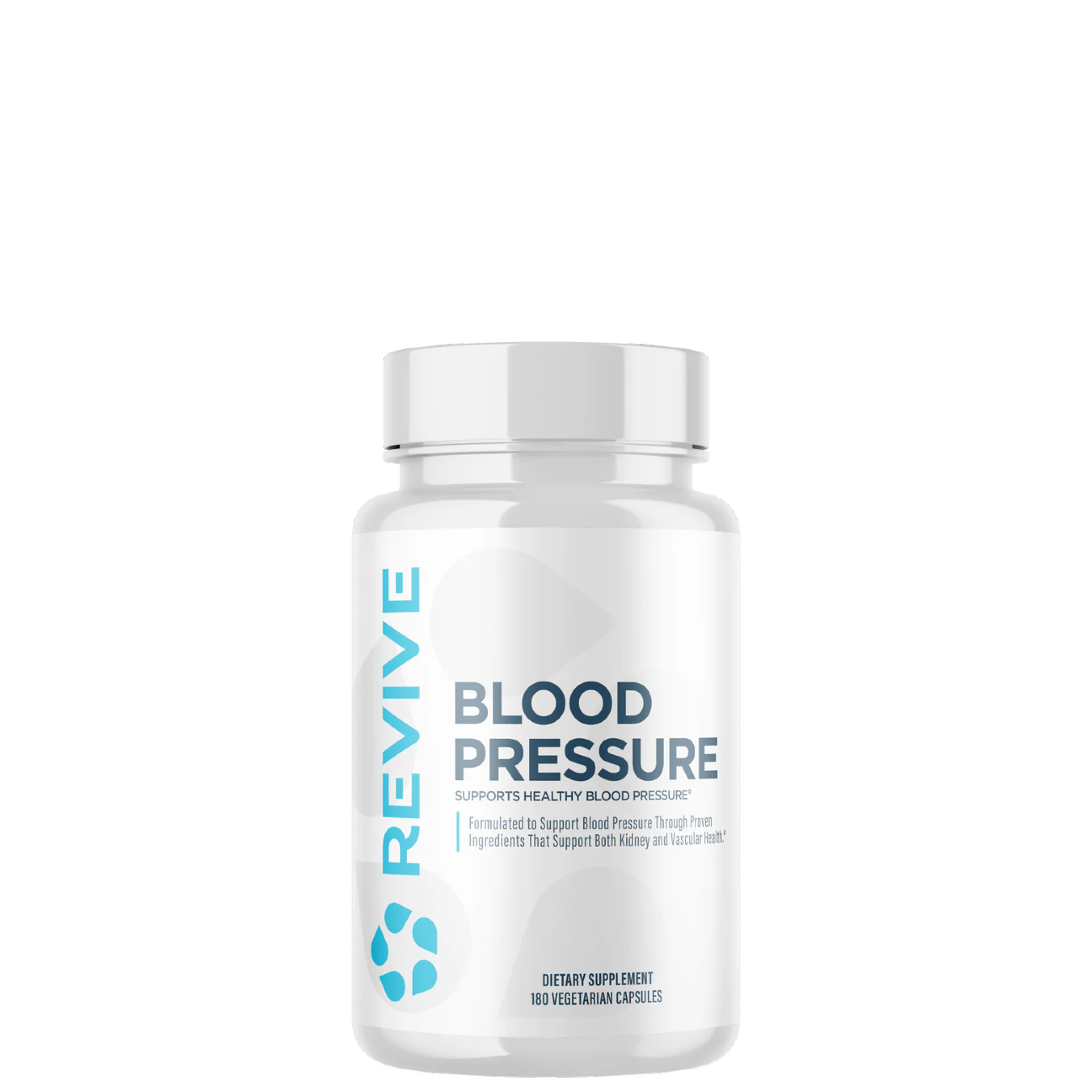 A bottle of Revive Blood Pressure supplement, which is designed to support healthy blood pressure levels and cardiovascular health.