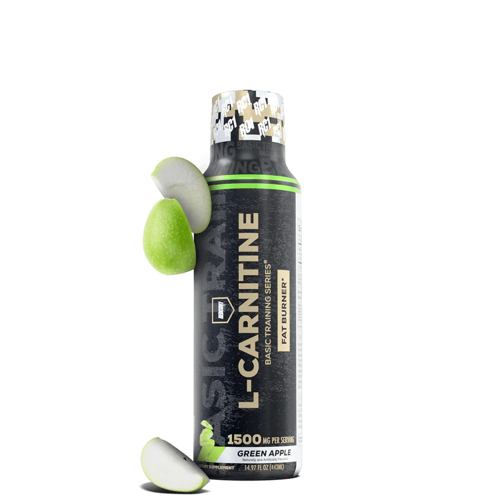 A bottle of REDCON1 L-carnitine supplement with a green apple flavor, prominently displaying the brand and product name with a graphic of green apples on the label.