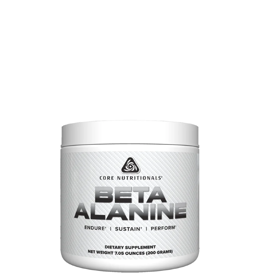 A container of Core Nutritionals Beta Alanine supplement, primarily white in color with text and logo branding.