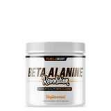 A container of MuscleSport Beta Alanine Revolution, which is a white powder in an unpigmented container, labeled for enhancing endurance and performance.